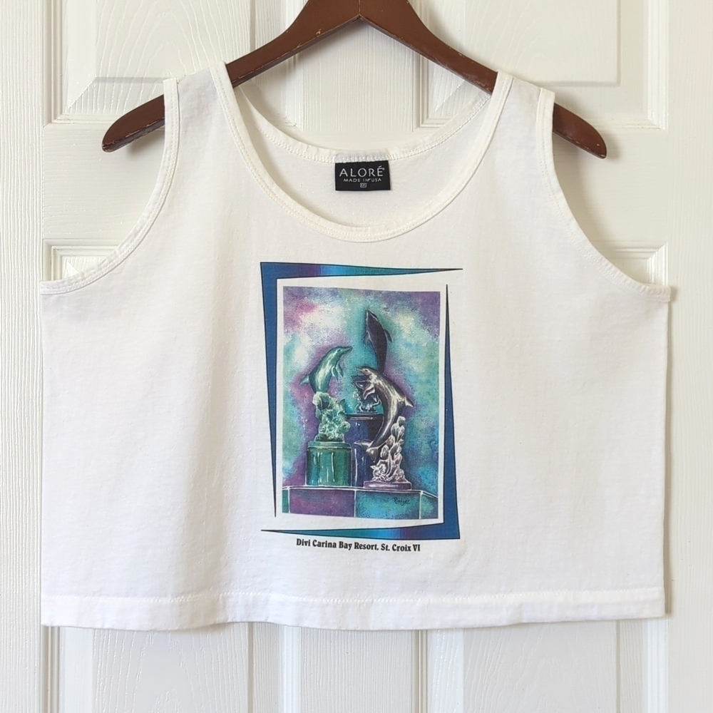 Alore 90's Vintage Funky Dolphin Graphic Scoop Neck Cropped Tank Top White OS